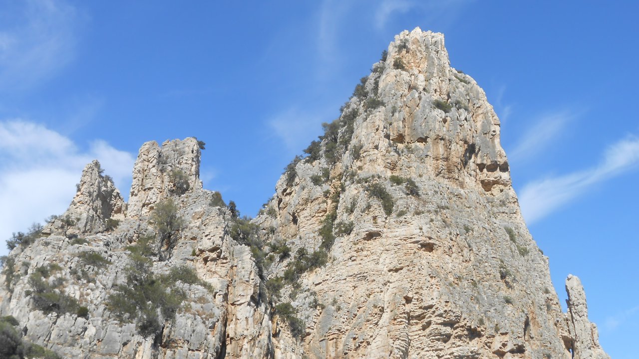 View of the limestone cliffs, Acheron Gorge. The massive beds of